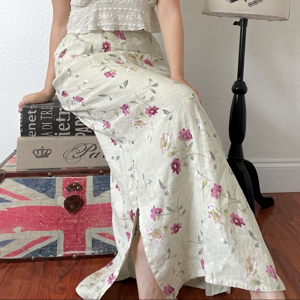 Cottagecore Floral Linen Maxi Skirt